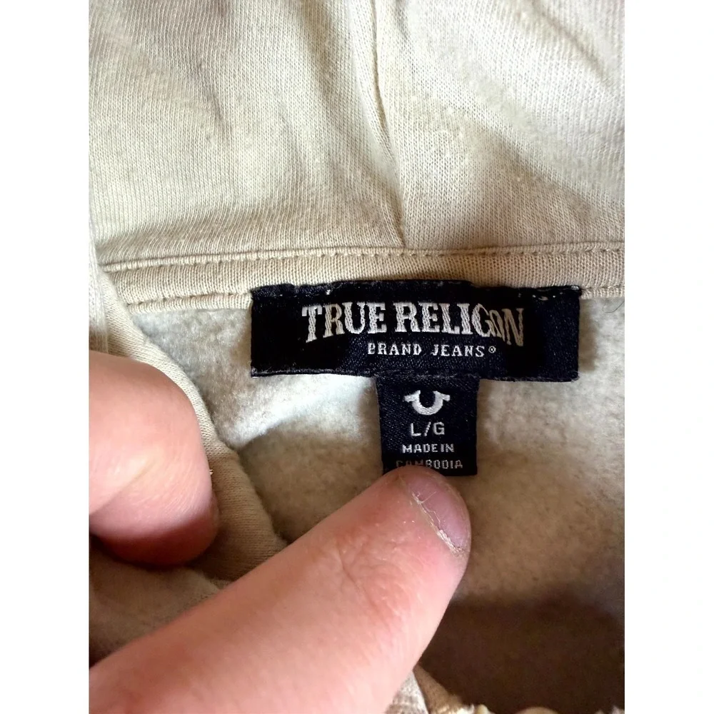 True Religion Buddha‎ Hoodie Mens L Beige Streetwear Graphic on Back Sweatshirt